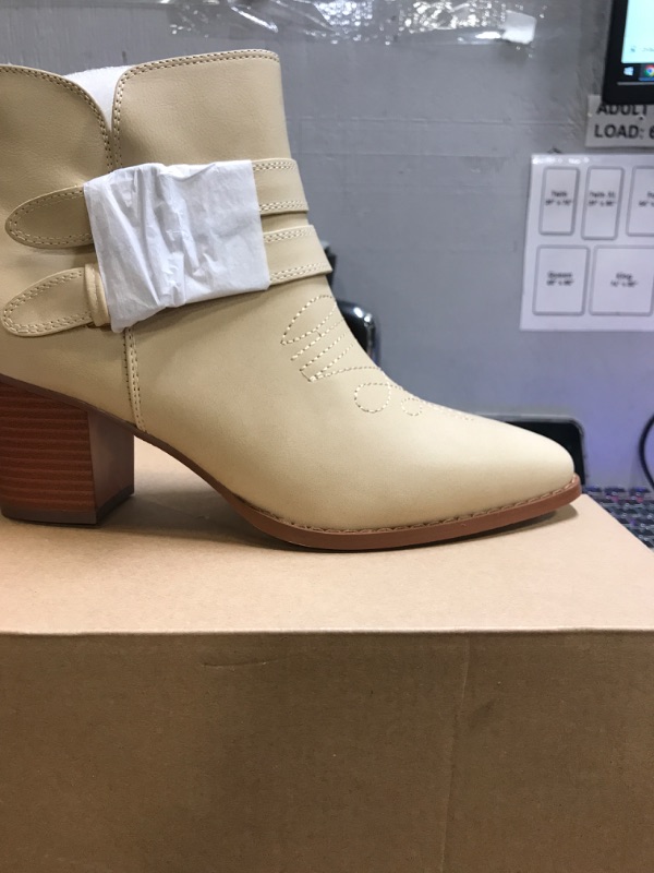 Photo 2 of PiePieBuy Womens Side Zipper Ankle Boots Chunky Stacked Low Heel V Cut Out Pointed Toe Booties 8 Beige