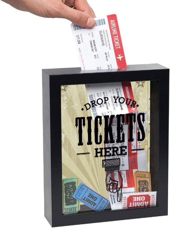 Photo 1 of Americanflat 7x9 Drop Your Tickets Here' Decorative Memento Memory Ticket Shadowbox Frame With Top-Loading Slot - For Sports, Concert, Movie Stub, Travel Keepsake. Polished Glass Front - Black
