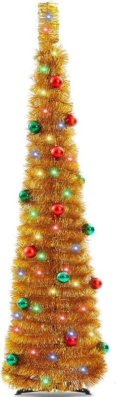 Photo 1 of 5 Ft Christmas Tinsel Tree, Golden Collapsible Pop up Tree with 15 Colored Lights and 15 Ball Ornaments, Tinsel Christmas Pencil Tree with Stand, for Xmas Indoor Small Space Home Decorations | Gold
