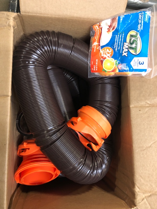 Photo 2 of Camco 20' (39742) RhinoFLEX 20-Foot RV Sewer Hose Kit, Swivel Transparent Elbow with 4-in-1 Dump Station Fitting-Storage Caps Included , Black , Brown 20ft Sewer Hose Kit Frustration-Free Packaging