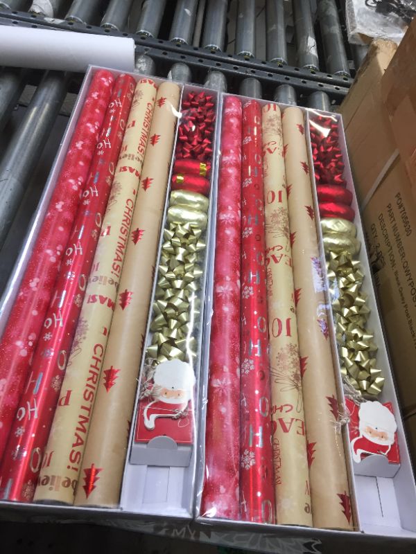 Photo 2 of 2 PACK; Wrapping Paper, 4 Rolls of Red Christmas Birthday Wrapping Paper. Includes Christmas Tree, Snowflake, Merry Christmas, HO HO HO Elements. Includes Decorative Flowers, Ribbons, Labels. Each Roll of Gift Wrap Paper ,easures 27.5 In X 13 ft