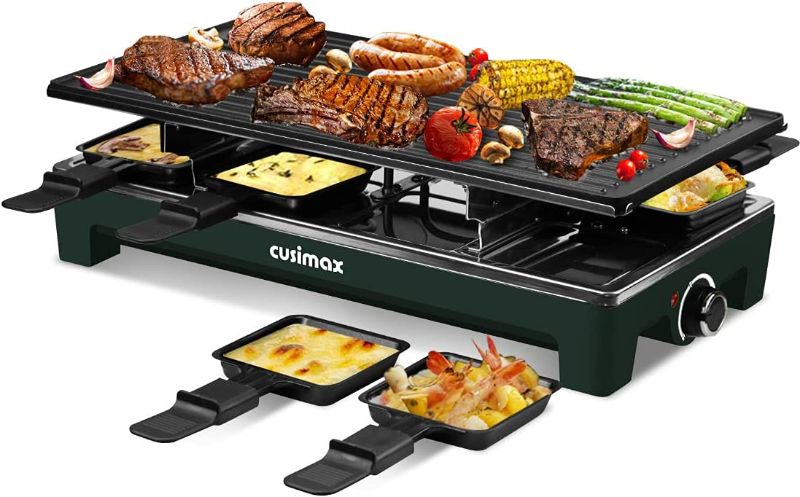 Photo 1 of CUSIMAX Raclette Grill Electric Grill Table, Portable 2 in 1 Korean BBQ Grill Indoor & Cheese Raclette, Reversible Non-stick plate, Crepe Maker with 8 Paddles & Shovels, Upgraded Version Green
