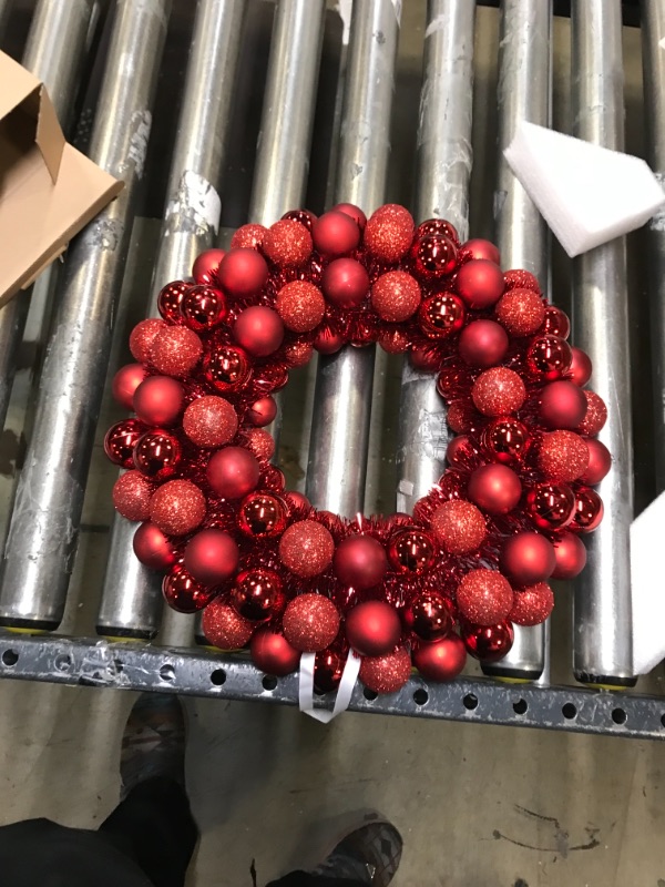 Photo 1 of 16 Inch Christmas Ball Wreath Home Party Decors Xmas Front Door Decorative Hanging Christmaswreaths Ball Ornaments Red