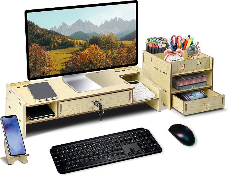 Photo 1 of Monitor Stand,With Storage Compartment,multifunctional Storage, Storage Drawer (With Lock),improve Monitor Viewing Angle,Comfortable Office,Improve Work Efficiency,Suitable For Various Monitors (White Maple Grain)
