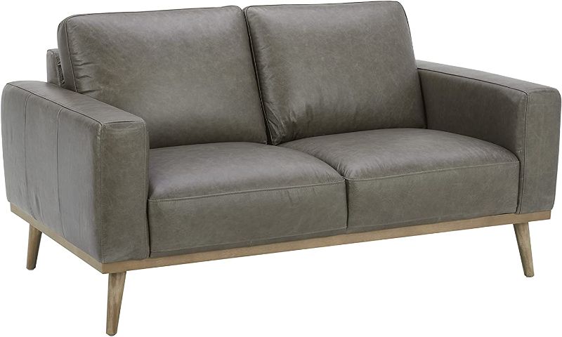 Photo 1 of Amazon Brand – Rivet Modern Leather Loveseat Sofa Couch with Wood Base, 63.4"W, Gray --- Item is New, Item is Sealed
