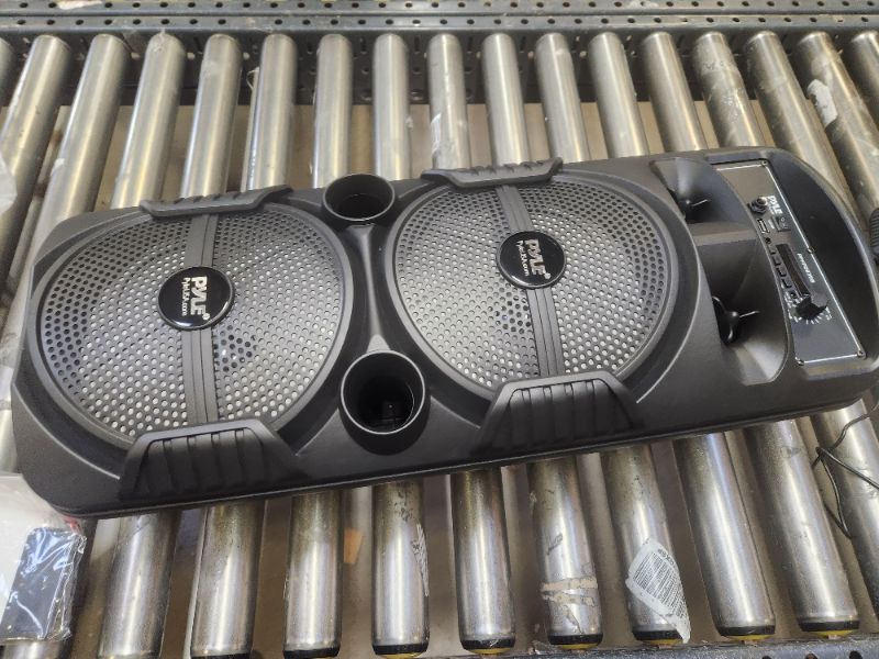 Photo 1 of Pyle Portable Bluetooth PA Speaker System - 600W Rechargeable Outdoor Bluetooth Speaker Portable PA System w/ Dual 8” Subwoofer 1” Tweeter, Microphone In, Party Lights, USB, Radio, Remote - PPHP2835B