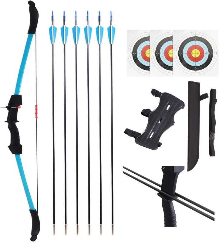 Photo 1 of FENJANER 43"Bow and Arrow Set for Youth and Archery Beginner Gift Kit with 6 Blunt Arrows, 1 Three-Hole arm Guard, 3 Target Papers and 1 Children's Quiver, 18 Lb Recurve Bow Kit for Teen Outdoor Sports Game