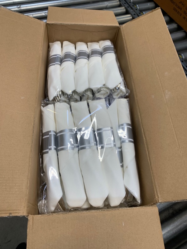 Photo 3 of WDF 350Pieces Silver Plastic Plates&Pre Rolled Napkins with Silver Plastic Cutlery -Baroque White&Silver plates Include:100 Plastic Plates, 50 Cutlery with Napkins and 50 Silver Clear Cups White and Silver --- Box Packaging Damaged, Item is New
