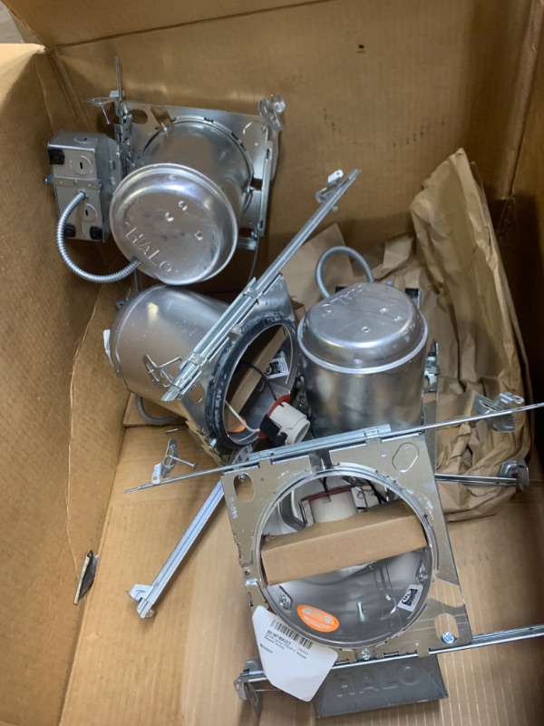 Photo 3 of 4 Pack of HALO E26 6 in. Aluminum Recessed Lighting Housing for Remodel Ceiling, Insulation Contact, Air-Tite, (E7RICAT) --- Box Packaging Damaged, Moderate Use, Scratches and Scuffs on Metal
