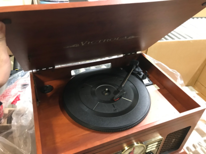 Photo 4 of Victrola Nostalgic 6-in-1 Bluetooth Record Player & Multimedia Center with Built-in Speakers - 3-Speed Turntable, CD & Cassette Player, FM Radio | Wireless Music Streaming | Mahogany Mahogany Entertainment Center