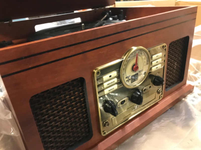 Photo 3 of Victrola Nostalgic 6-in-1 Bluetooth Record Player & Multimedia Center with Built-in Speakers - 3-Speed Turntable, CD & Cassette Player, FM Radio | Wireless Music Streaming | Mahogany Mahogany Entertainment Center