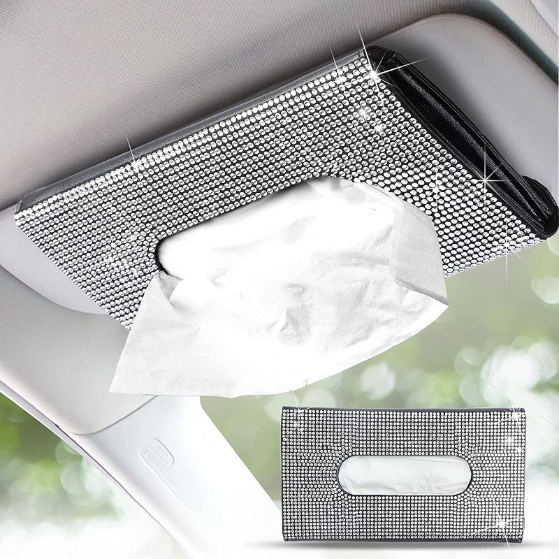 Photo 1 of Bling Tissue Holder for Car,Car Sun Visor Tissues Holder Napkin Box,Universal Car Vehicle Facial Paper Dispenser,Elegant [Durable] Leather Paper Carry Storaging Case,Best Gifts for Men Women White Crystal