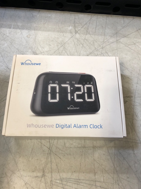 Photo 2 of Digital Alarm Clock Whousewe LED Bedside Clock with 6 Level Brightness, Adjustable Volume with 5 Alarm Sound, Loud Dual Alarm with Large Display for Bedroom Office  -- FACTORY SEALED --
