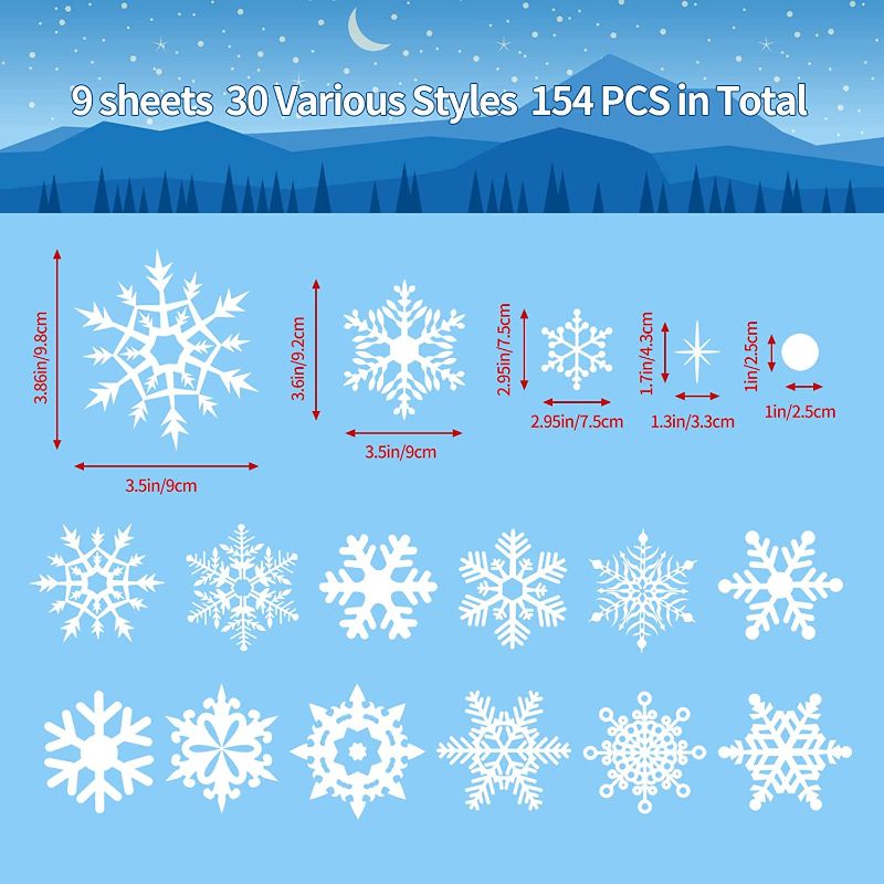 Photo 2 of 154 PCS Christmas Snowflake Window Clings, White Snowflakes Decals Stickers Ornaments for Winter Wonderland Xmas Party Decorations, 9 Sheets
