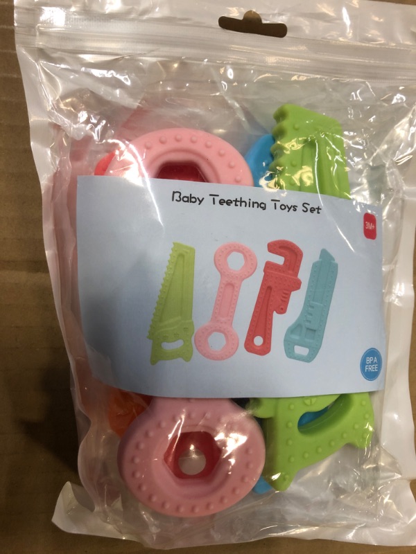 Photo 2 of 4Pack Teething Toys for Babies 0-6 Months with Lanyard, Baby Infant Teething Toys for Molars 6-12 Months, Freezer Safe Soft Silicone Baby Molar Teether Chew Toys Wrench Pliers Shape