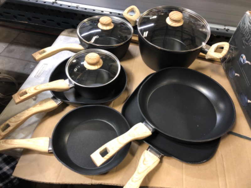 Photo 2 of 10 Piece Cookware Set- Non Stick Pots and Pans Set including Sauce Pans and Dutch Oven with Glass Lids, Griddle Pan, Frying Pans, Complete Cooking Set with Bakelite Handles (Black) Black 10 Pc Set