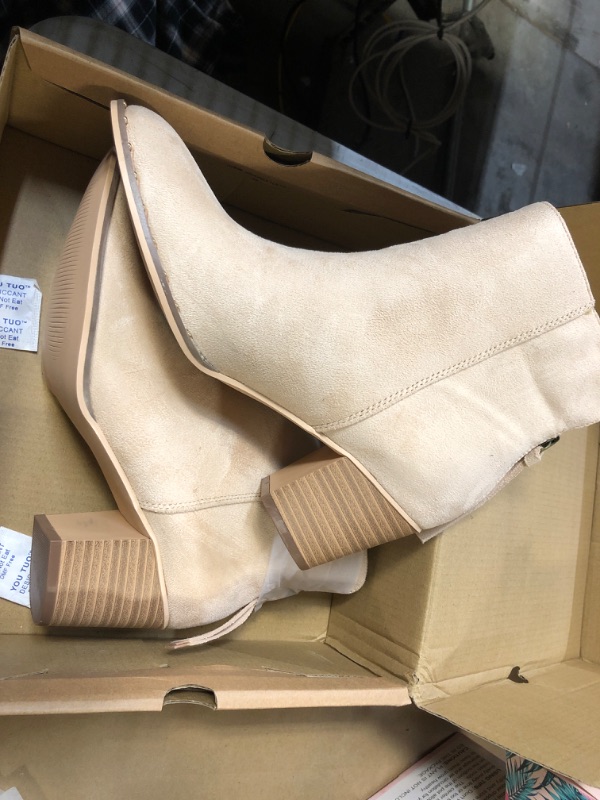 Photo 3 of 8---Womens Pointed Toe Ankle Boots Chunky Stacked Block Mid Heel Back Cutout Zipper Booties
