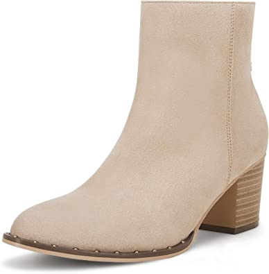 Photo 1 of 8---Womens Pointed Toe Ankle Boots Chunky Stacked Block Mid Heel Back Cutout Zipper Booties
