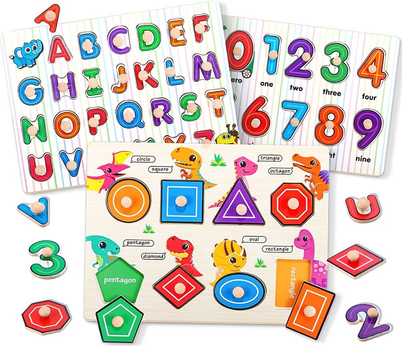 Photo 1 of Atoylink 3 Pack Wooden Peg Puzzles for Toddlers Alphabet ABC Number Shape Wooden Puzzles Board Games Toddler Preschool Learning Educational Toys for Kids Boys Girls Gifts
