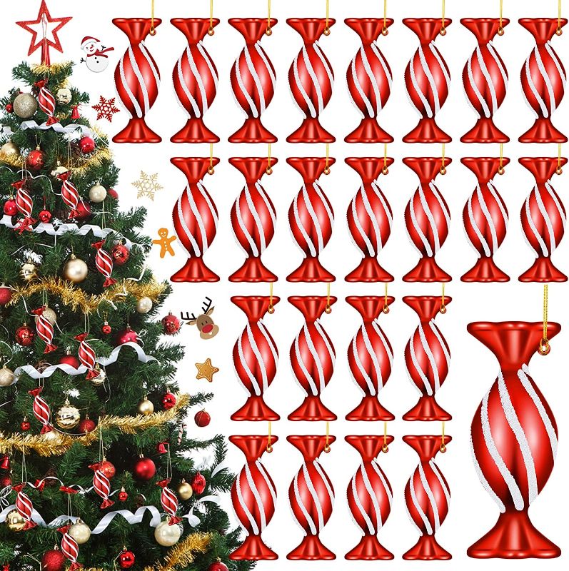 Photo 1 of 24 Pieces Christmas Candy Shaped Ornaments Christmas Candy Hanging Ornaments with White Glitter Xmas Tree Decor Ornaments with Golden Ropes for Home Wedding Christmas Birthday Party (Red)
