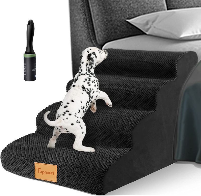 Photo 1 of  High Density Foam Dog Steps 4 Tiers,Extra Wide Deep Pet Steps,Non-Slip Pet Stairs,Dog Ramp for Bed,Soft Foam Dog Ladder,Best for Older Dogs Injured,Older Pets,Cats with Joint Pain
BLACK & GRAY