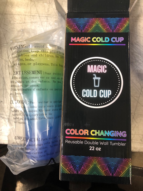 Photo 2 of 22oz Ocean Color Changing Cup with Lid and Straw for Adults by Magic Cold Cup - BPA-FREE Reusable Double Wall Tumbler is Unbreakable & Leakproof with Resealable Lid Plug and Straw Cleaner