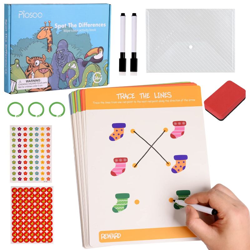 Photo 1 of  Uomeod Preschool Learning: Practice Line Activities for 3 4 5 Year Olds Erasable and Reusable Toddler Learning Games with 2 Dry Erase Markers | Montessori Educational Toys (Spot The Difference)----factory sealed 