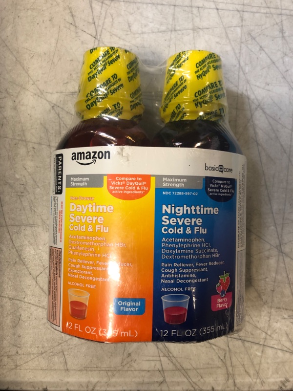 Photo 1 of Amazon Basic Care Daytime and Nighttime Max Strength Severe Cold and Flu Relief Combination Pack, Liquid Medicine, Packaging May Vary, 24 Fluid Ounces Original & Berry Daytime & Nighttime