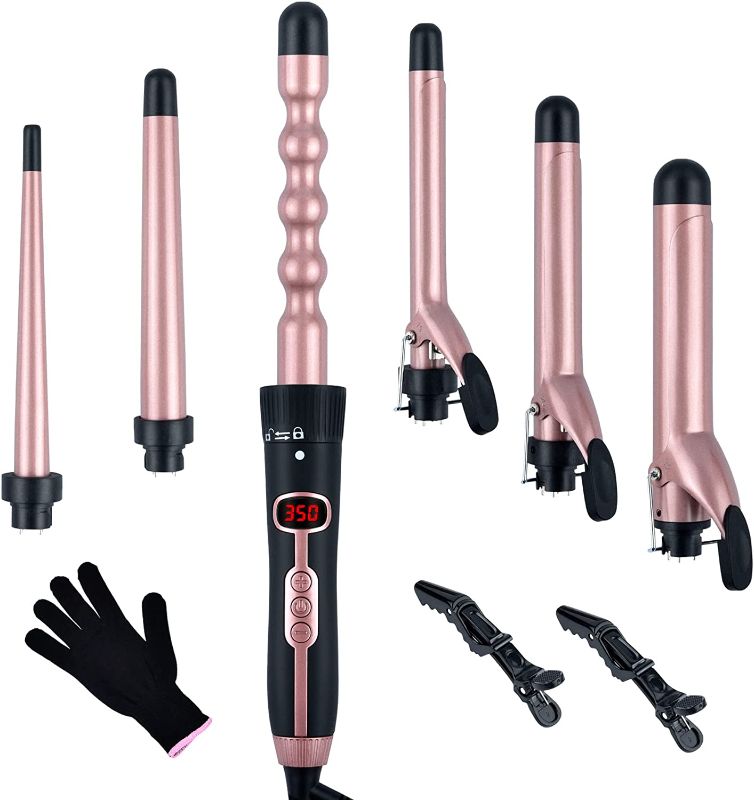 Photo 1 of 6 in 1 Curling Iron Set, Curling Wand Set Interchangeable Ceramic Barrels, Hair curlers with LCD Temperature Display Heats Up Quickly with Dual Voltage Hair Crimper Waver, with Glove & 2 Hair Clips
