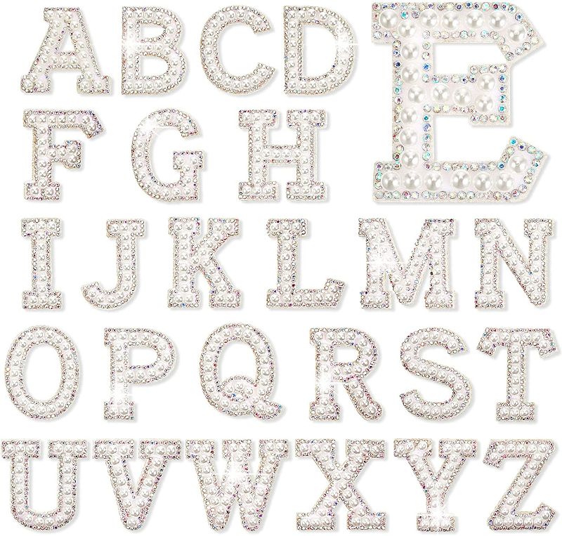 Photo 1 of 26 Piece Pearl Iron on Letter A-z White Rhinestone Pearl Bling Letter Patch Glitter Sew on Alphabet Applique Rhinestone Pearl English Letter for DIY Craft Supplies(White,1.85 Inch High)