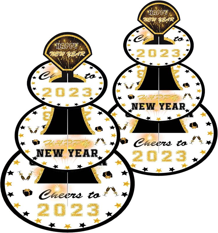 Photo 1 of 2-Set New Years Eve Party Supplies 2023 Black Gold 3-Tier Happy New Year Cardboard Cupcake Stand/Tower, Round Dessert Tree Tower for 24 Cupcakes, Perfect for 2023 New Year Party Supplies