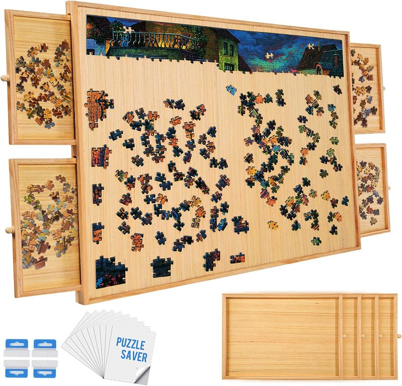Photo 1 of 1500 Piece Wooden Puzzle Board 4 Drawers and Cover, 34" x 26" Wooden Jigsaw Puzzle Table, Portable Puzzle Board Storage, Puzzle Family Game for Adults Kids
