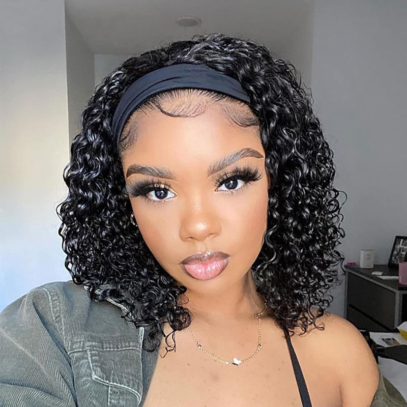 Photo 1 of Siji mei Curly Headband Wig Human Hair Glueless Headband Wigs for Black Women Curly None Lace Front Wigs with Headband Attached 150% Density Half Wigs Natural Color 22 Inch