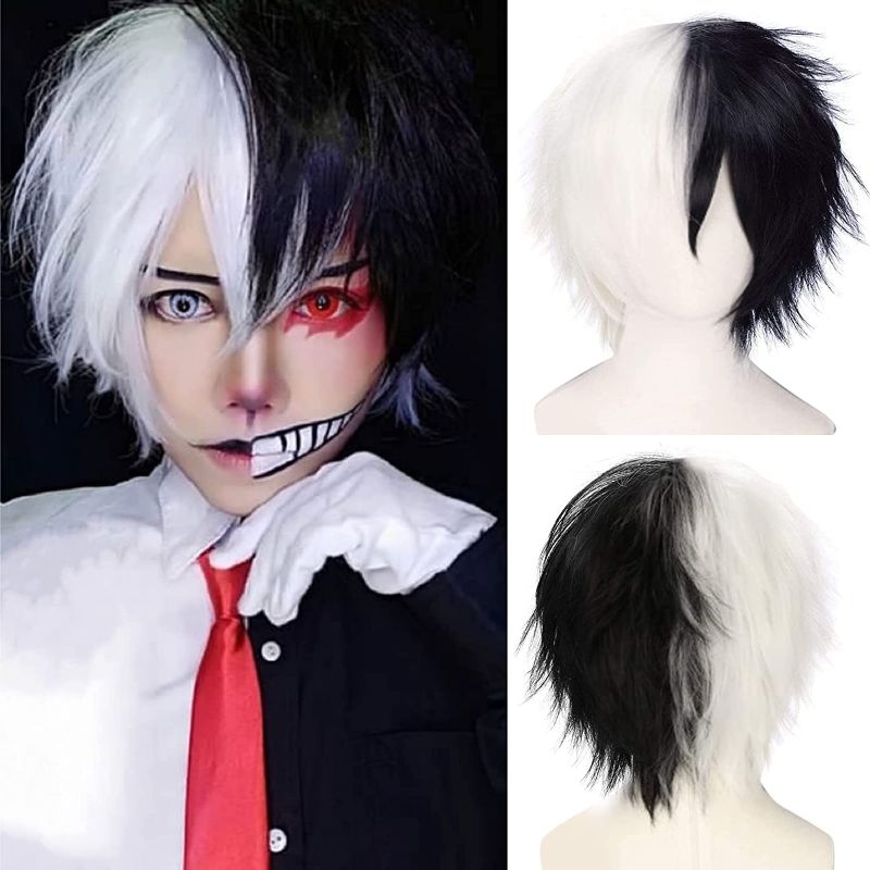 Photo 1 of JoneTing Black and White Wig +{Wig Cap} for Cosplay Costume Synthetic Short Natural Wavy Wigs Hair for Men Half Wig for Halloween Party Accessories Peluca Blanco y Negro Anime Wig for Man