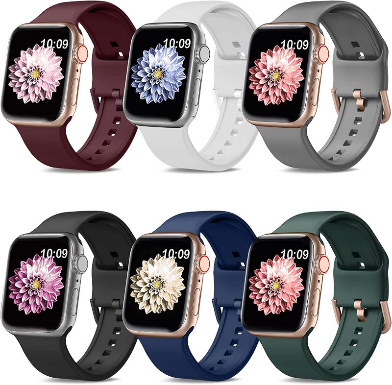 Photo 1 of 6 PC Compatible with Apple Watch Band 42mm 44mm 45mm, Megkhla Soft Silicone Strap Waterproof Wristbands Replacement Sport Bands for iWatch Series 7 6 5 4 3 2 1 SE Women Men