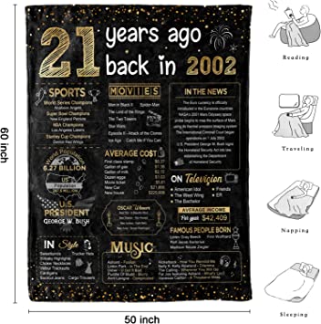 Photo 2 of 21st Birthday Gifts for Her 21st Birthday Decorations for Him 21 Year Old Happy Birthday Gifts for Women Daughter Son Girl Boy Sister Bestie Soft Throw Blanket Back in 2002 - 60x50 Inch - Gold-- Sealed