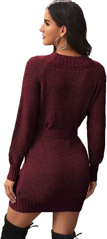 Photo 2 of DAMOO Women's Autumn Winter Mock Turtleneck Long Sleeve Knit Stretchable Elasticity Bodycon Pullover Sweater Dress with Belt--Size M--Red Color
