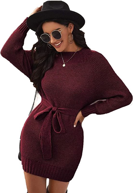 Photo 1 of DAMOO Women's Autumn Winter Mock Turtleneck Long Sleeve Knit Stretchable Elasticity Bodycon Pullover Sweater Dress with Belt--Size M--Red Color
