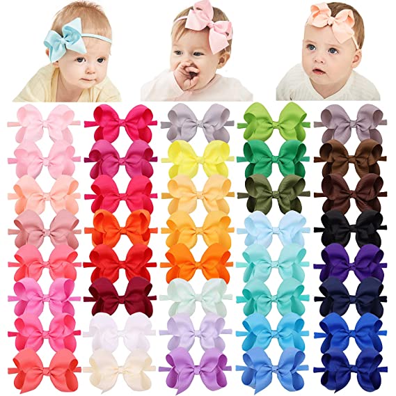 Photo 1 of 40pcs 4inches Baby Girls Grosgrain Ribbon Hair Bows Headbands Nylon Elastic Hair Band Hair Accessories for Infants Newborn