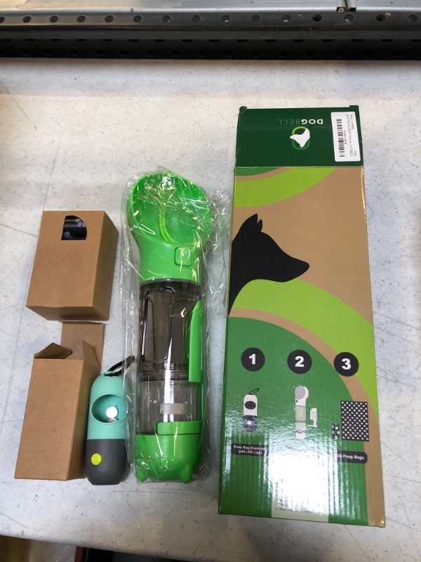 Photo 2 of DOGBELL 4 in 1 Dog Portable Water Bottle with Food Container and Pet Waste Bag Container with LED Flashlight Additional Plastic Bags Bundle Dog Supplies with Shovel and Snack Storage Green 9100