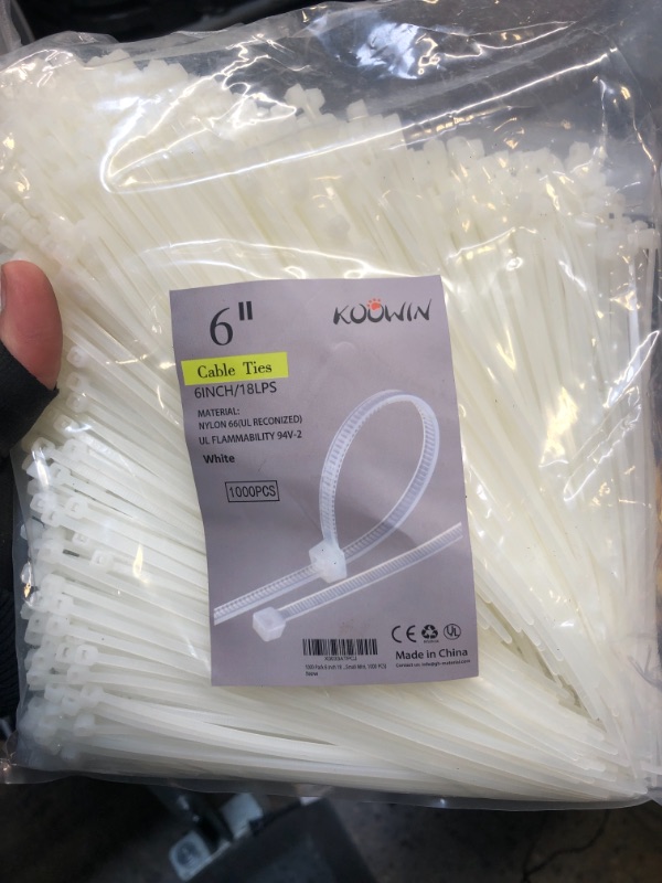 Photo 2 of 1000 Pack 6 Inch Bulk KOOWIN Nylon Plastic Cable Zip Ties Small Wire Wraps White 6 inch 18 lb (1000 pcs) White