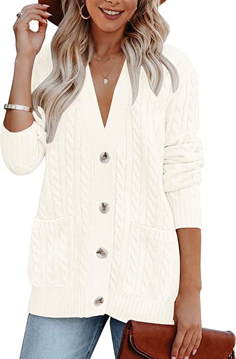 Photo 1 of  Women's Long Sleeve Cable Knit Button Cardigan Sweater Open Front Outwear Coat with Pockets   -- PINK -- XL
