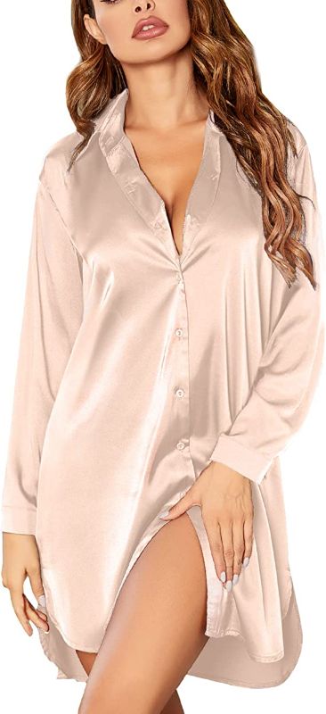 Photo 1 of Ekouaer Women's Nightgown Button Down Sleepshirt Satin 3/4 Sleeve Nightshirt Boyfriend Notch Collar Sleepwear  SIZE S
