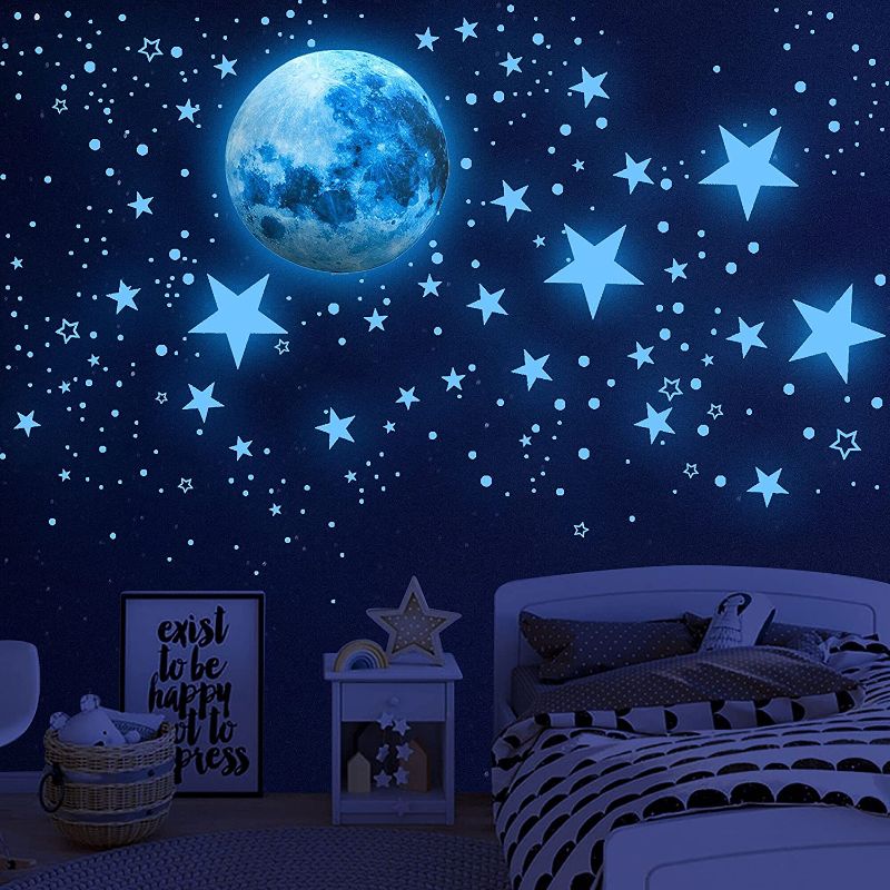 Photo 1 of Glow in The Dark Stars for Ceiling,Glow in The Dark Stars and Moon Wall Decals, 1108 Pcs Ceiling Stars Glow in The Dark Kids Wall Decors, Perfect for Kids Nursery Bedroom Living Room(Sky Blue) (Sky Blue)  -- FACTORY SEALED --
