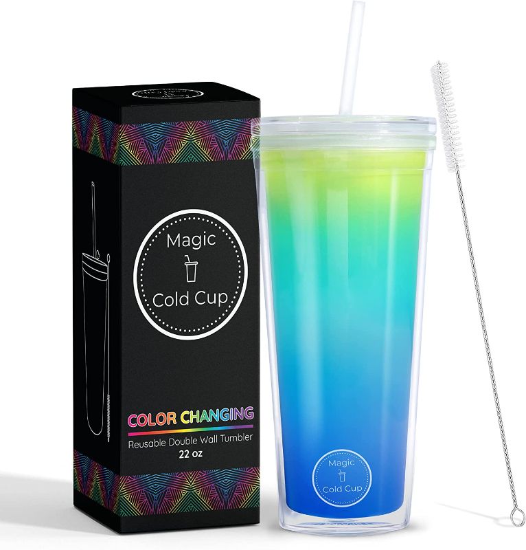 Photo 1 of 22oz Ocean Color Changing Cup with Lid and Straw for Adults by Magic Cold Cup - BPA-FREE Reusable Double Wall Tumbler is Unbreakable & Leakproof with Resealable Lid Plug and Straw Cleaner
