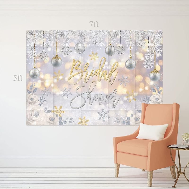 Photo 1 of Allenjoy 7x5ft Winter Bridal Shower Backdrop for Party White Christmas Wonderland Background Couples Wedding Bride to Be Festival Supplies Glitter Bokeh Merry Xmas Snowflake Banner Decor Photo Booth
