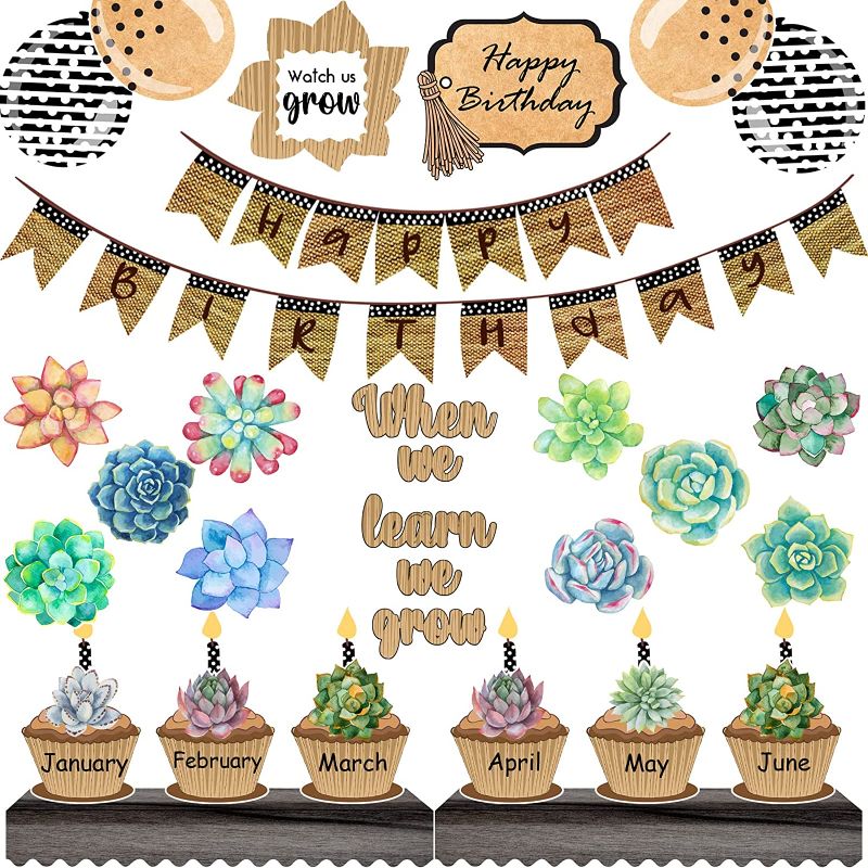 Photo 1 of 104 Pcs Happy Birthday Bulletin Board Set Potted Succulent Paper Cutouts When We Learn We Grow Bulletin Board Set Rustic Bloom Succulents Cutouts for Kids Classroom School Wall Decorations
