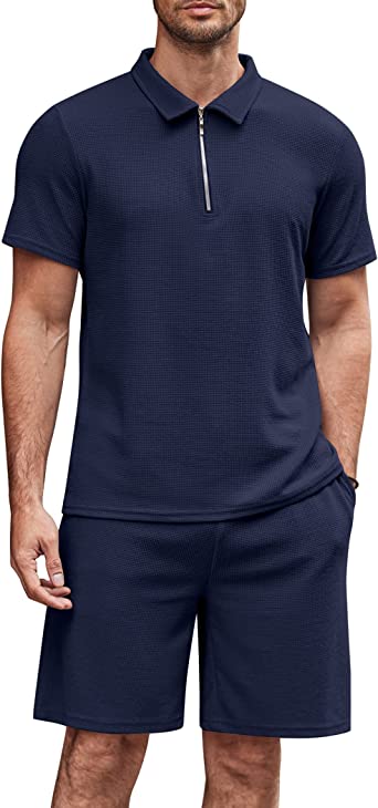 Photo 1 of COOFANDY Men's Polo Shirt and Shorts Sets 2 Piece Casual Outfits Quarter Zip Short Sleeve Summer Tracksuit