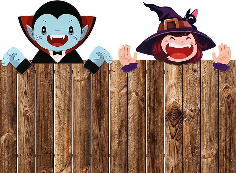 Photo 1 of 2 Pieces Christmas Fence Peeker Decoration, Gnome Peeking Garden Yard Decorations Xmas Outdoor Garden Fence Sign Ornament for Home Patio Holiday Decor (Vampire Style)
