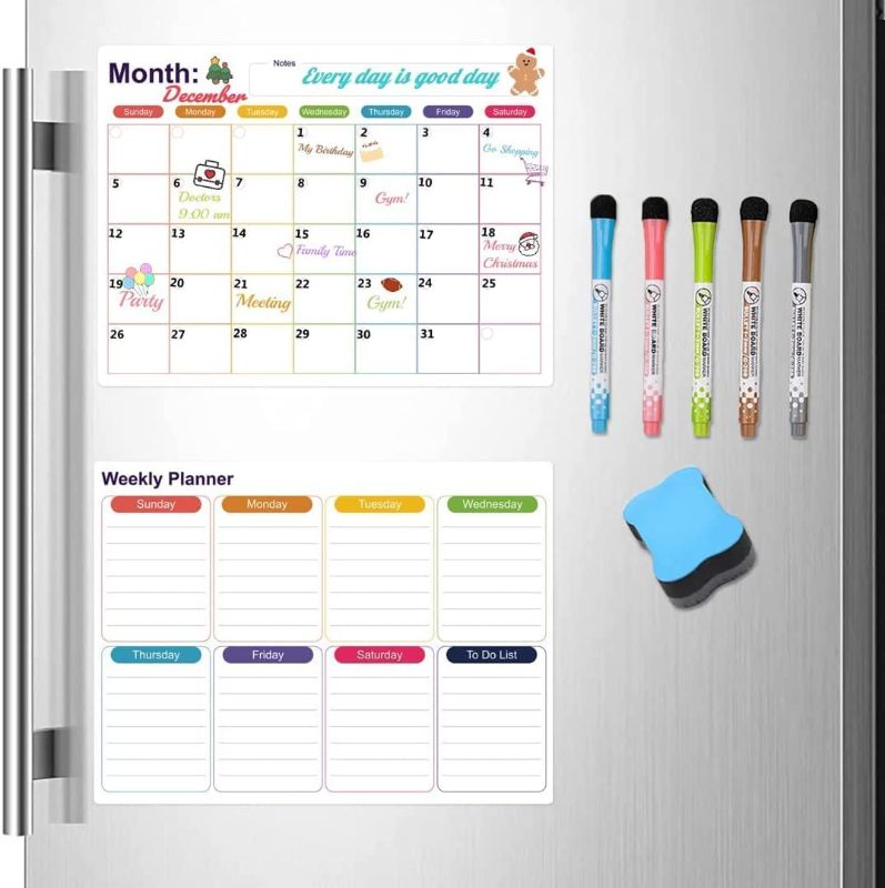 Photo 1 of  2PCS Magnetic Dry Erase Calendar Board for Fridge, Fridge Whiteboard Calendar, Monthly Weekly Chores Chart, Christmas Gift for Kids Adults,